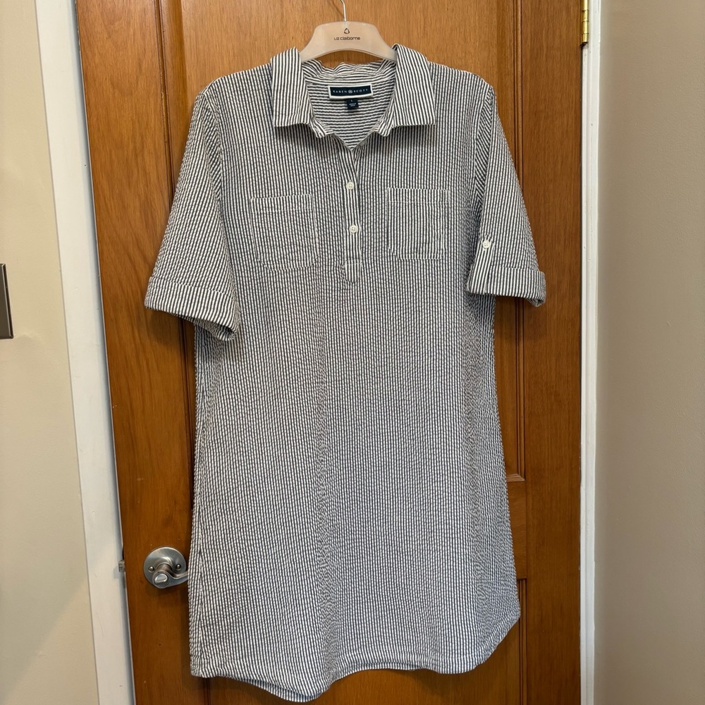 Karen Scott Blue/Grey and White Striped Dress
